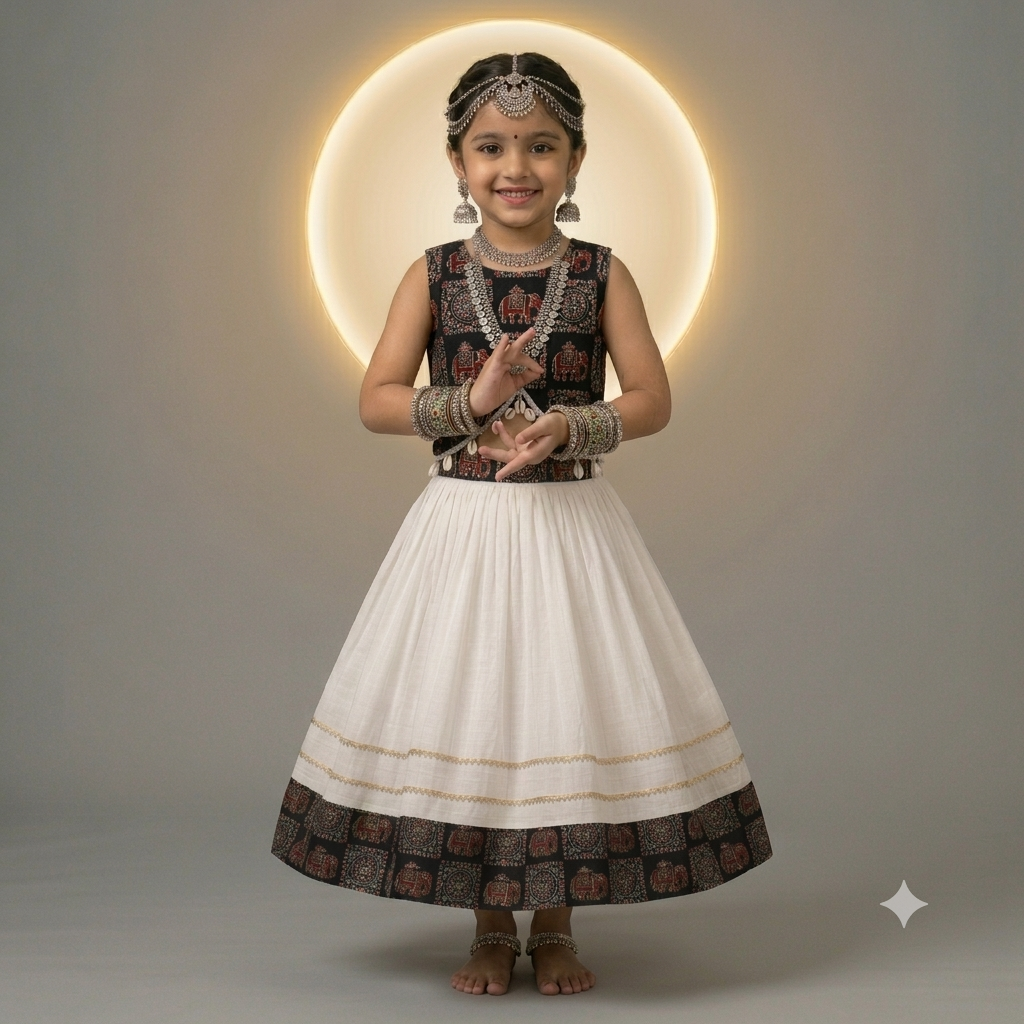 Traditional Twist Girls Navratri Lehenga Choli Set | Ajrakh & Gota Patti Secondary image