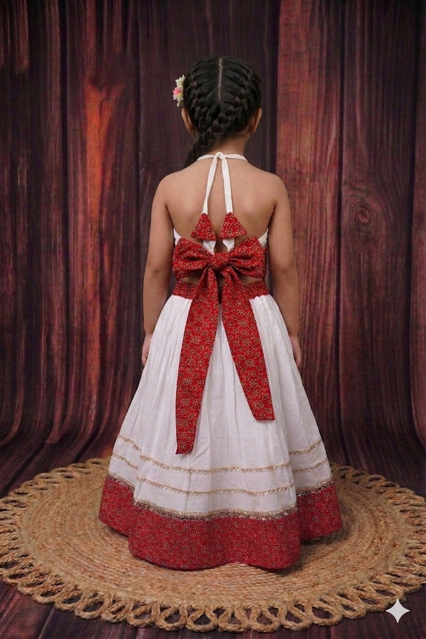 Red Queen Girls Cambric Cotton Lehenga Choli with Ajrakh Patch Secondary image