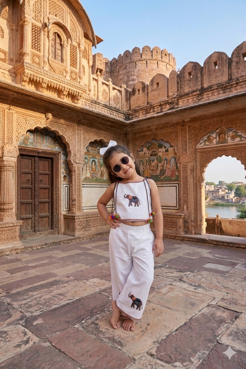 Little Gaj Girls Cambric Cotton Co-ord Set with Hathi Patch