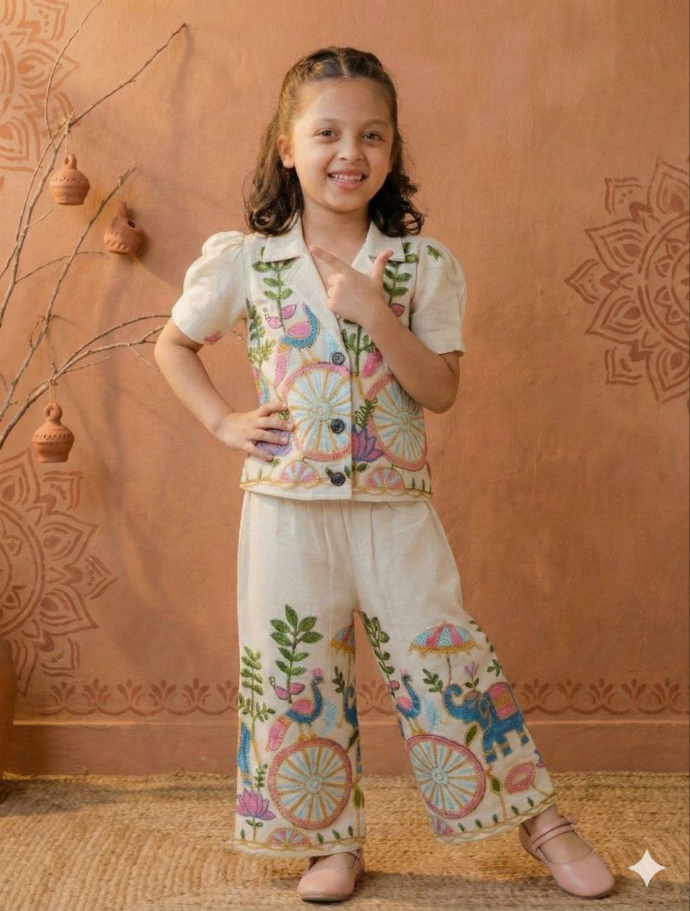 Gajraj Girls Khadi Cotton Co-ord Set with Embroidery Main image