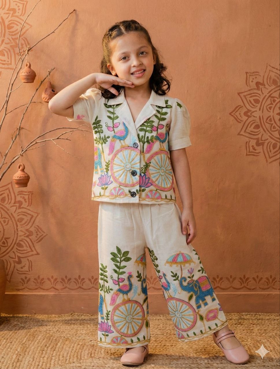 Gajraj Girls Khadi Cotton Co-ord Set with Embroidery